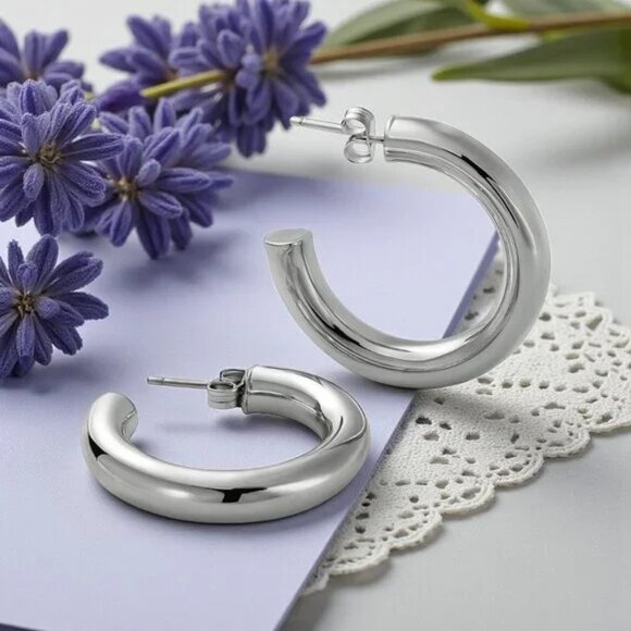 Chunky C Hoop Earrings 18K White Gold Plated Stainless Steel Minimalist - Picture 12 of 15